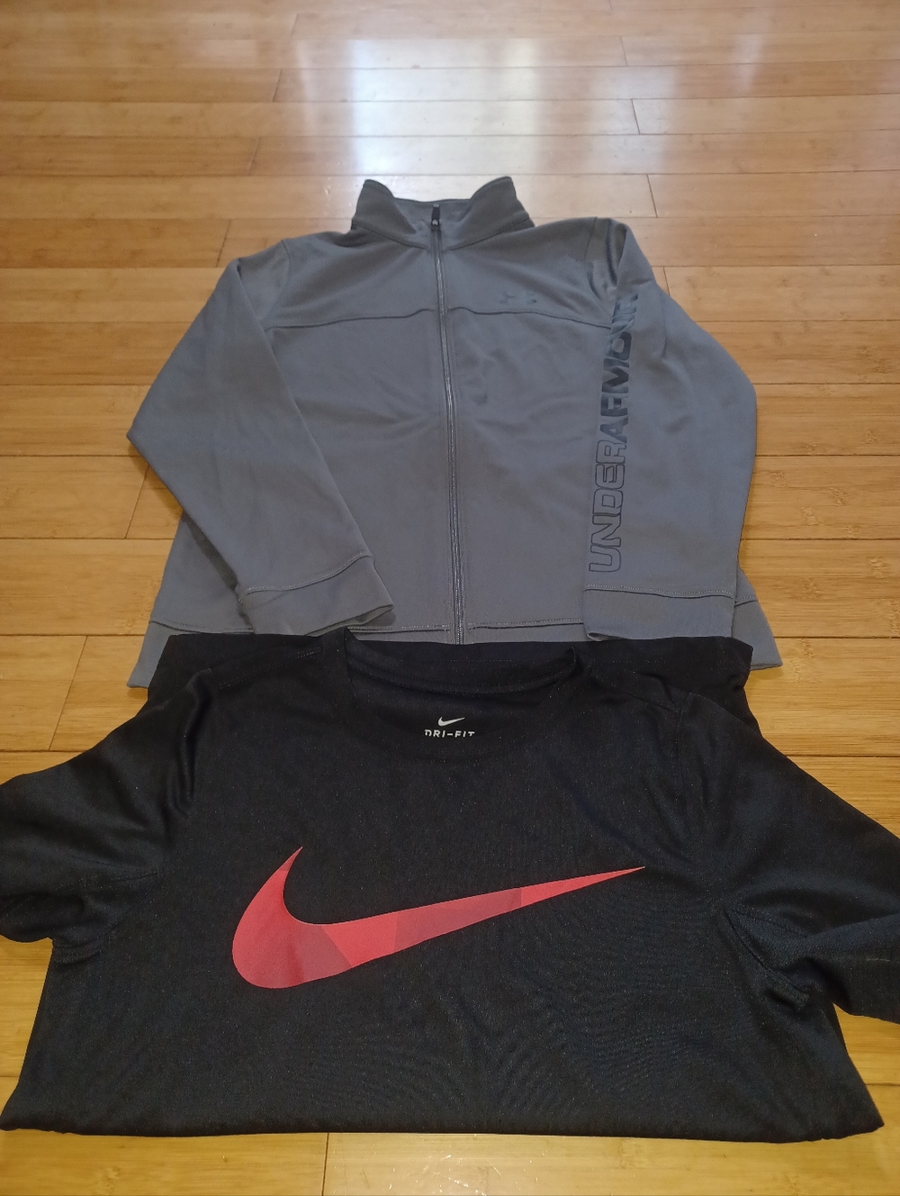 Under Armour Gray Zip-Up Jacket with Black & Red Nike Tee